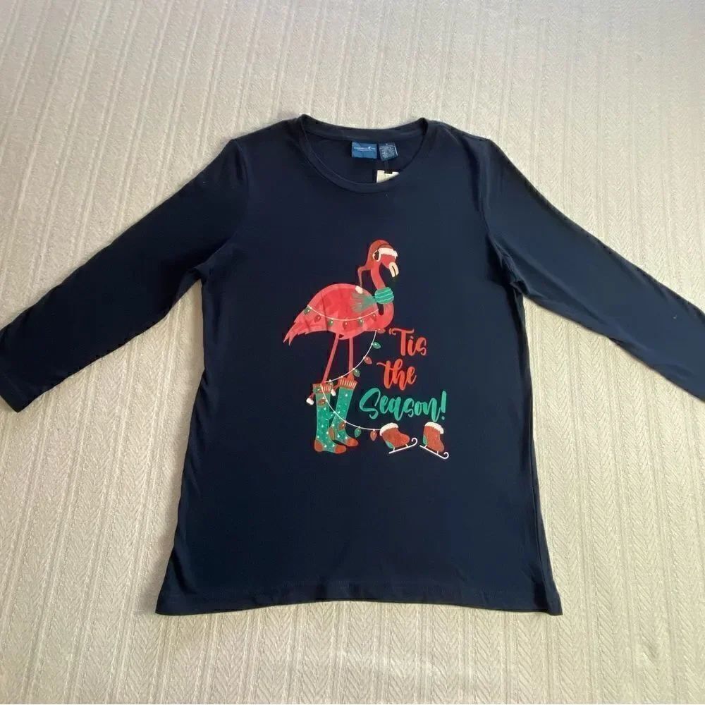 Caribbean Joe Women’s Small “Tis The Season” Christmas Flamingo Top